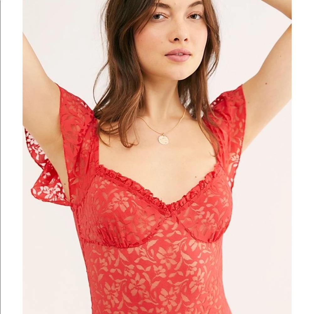 Free people Olivia red lace bodysuit in lady bird